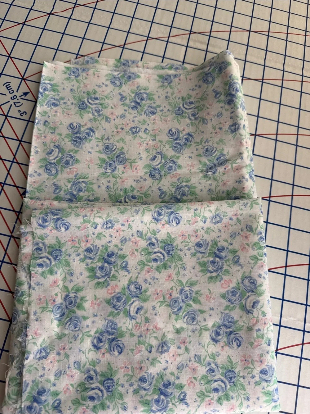 Vintage 1980s Blue Rose Floral Cotton Fabric 1 Yard x 42 Pink Cottage Floral